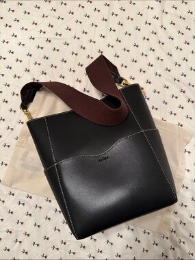 AALLYN Jordan Black Leather Bucket Bag with Brown Adjustable Strap